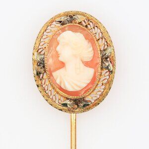 Vintage 10K Gold Shell Cameo Stick Pin Edwardian Filigree Portrait 1910s